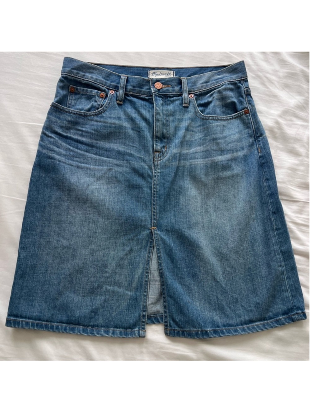 Vintage Y2K Madewell Blue Rigid Denim Front Slit A Line Midi Skirt Size 29